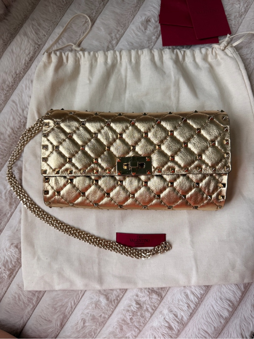 VALENTINO Metallic Gold Lambskin Rockstud Spike Wallet on Chain Crossbody